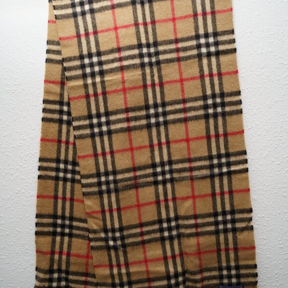 Authentic Burberry Classic Check Cashmere Fringe Scarf OS Tan/Black/Red - Picture 5 of 10